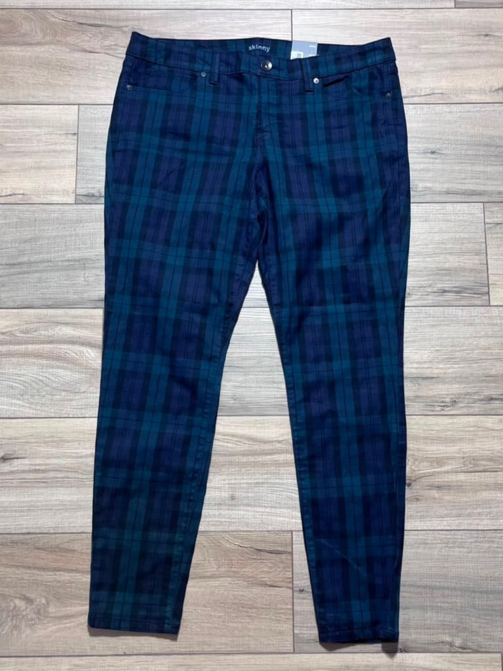 JCP Womens Plaid Skinny Denim Pants Size 32/14 Green Blue Black